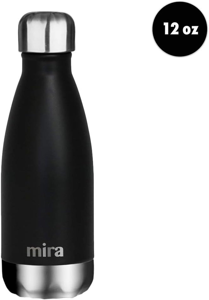 MIRA 12 Oz Insulated Water Bottle - Slim Stainless Steel Cola Shape Thermos - Double Wall Hot & Cold Flask (24Hr Cold/12Hr Hot) - Black