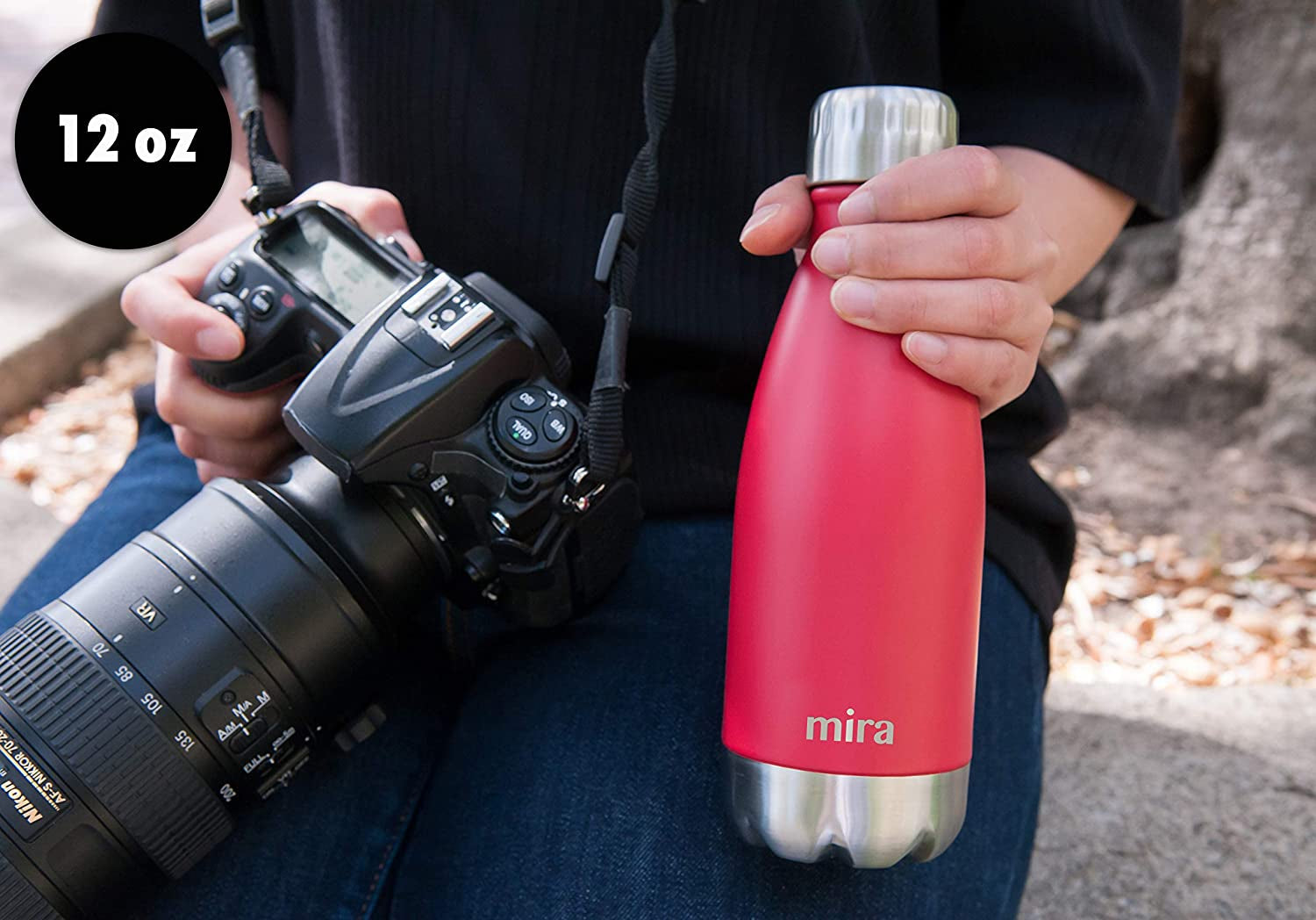 MIRA 12 Oz Insulated Water Bottle - Slim Stainless Steel Cola Shape Thermos - Double Wall Hot & Cold Flask (24Hr Cold/12Hr Hot) - Black