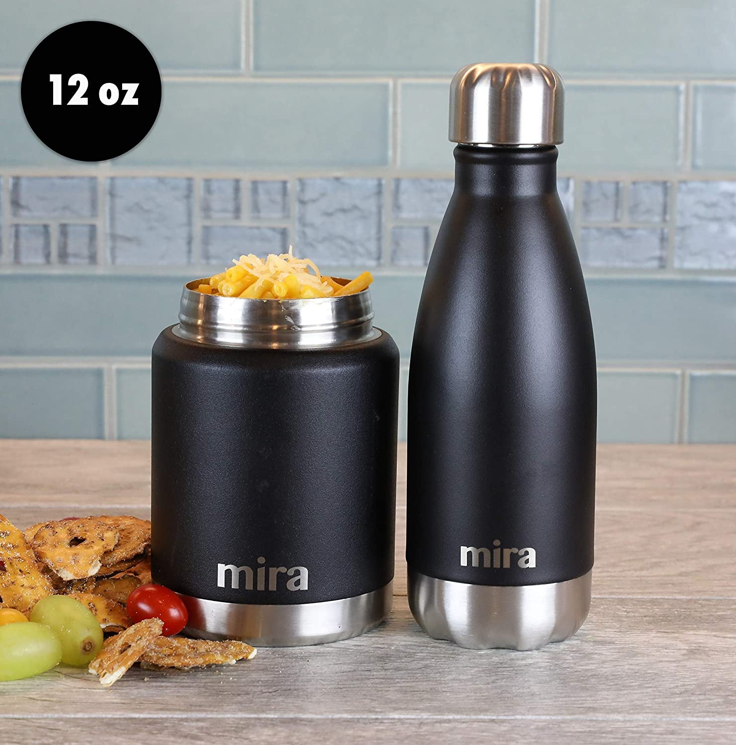 MIRA 12 Oz Insulated Water Bottle - Slim Stainless Steel Cola Shape Thermos - Double Wall Hot & Cold Flask (24Hr Cold/12Hr Hot) - Black