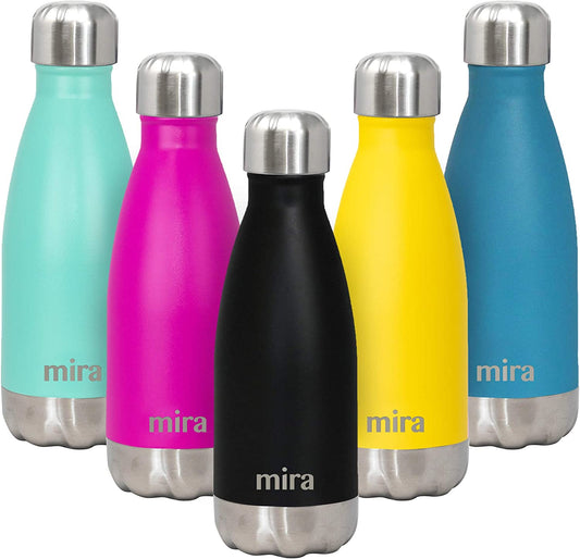 MIRA 12 Oz Insulated Water Bottle - Slim Stainless Steel Cola Shape Thermos - Double Wall Hot & Cold Flask (24Hr Cold/12Hr Hot) - Black