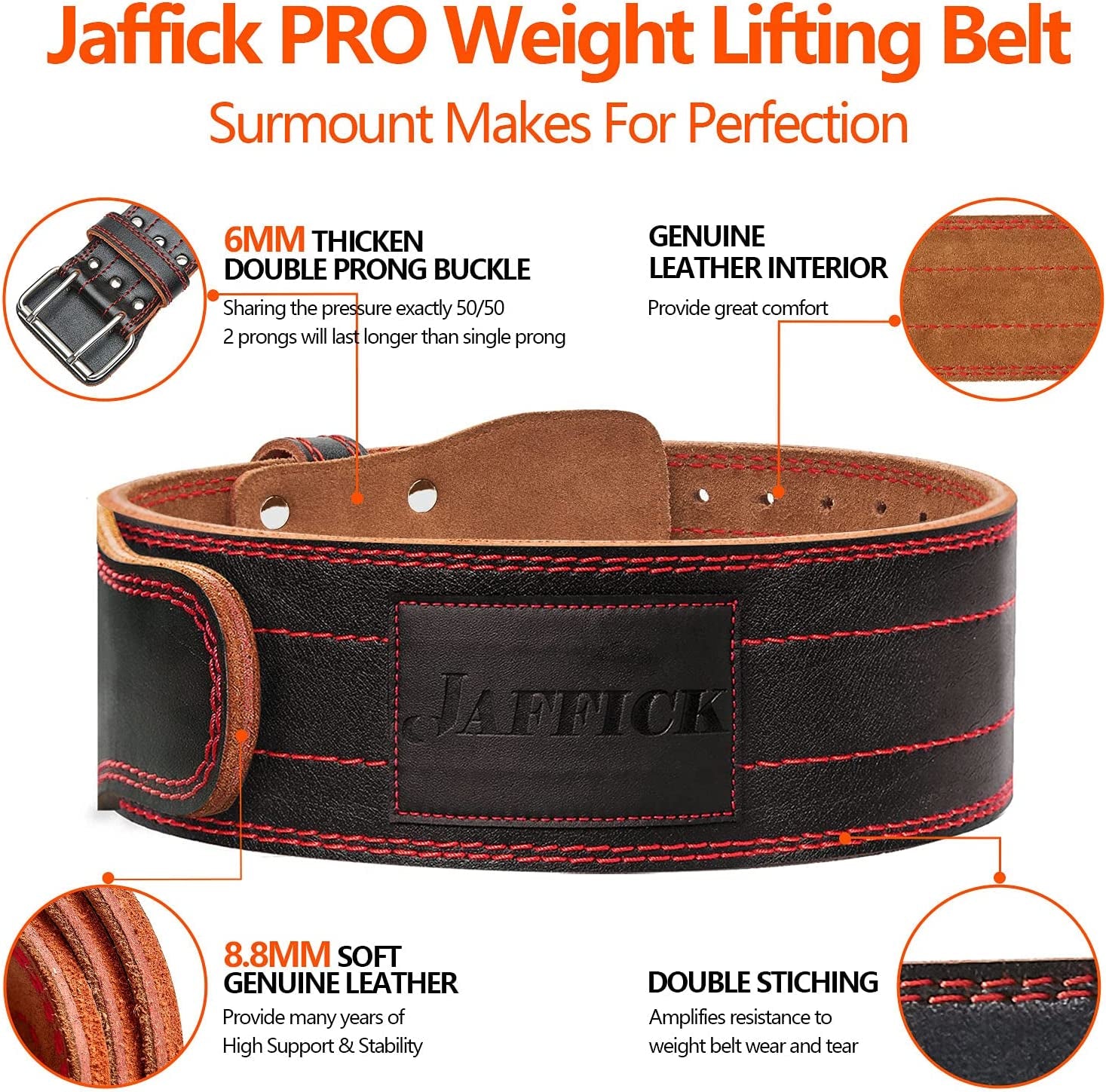 Jaffick Genuine Leather Weight Lifting Belt of 4 Inches Wide Lower Back Support and Injury Prevention for Gym Fitness Workout Cross Training for Men and Women Squat Deadlift up to 800 Lbs