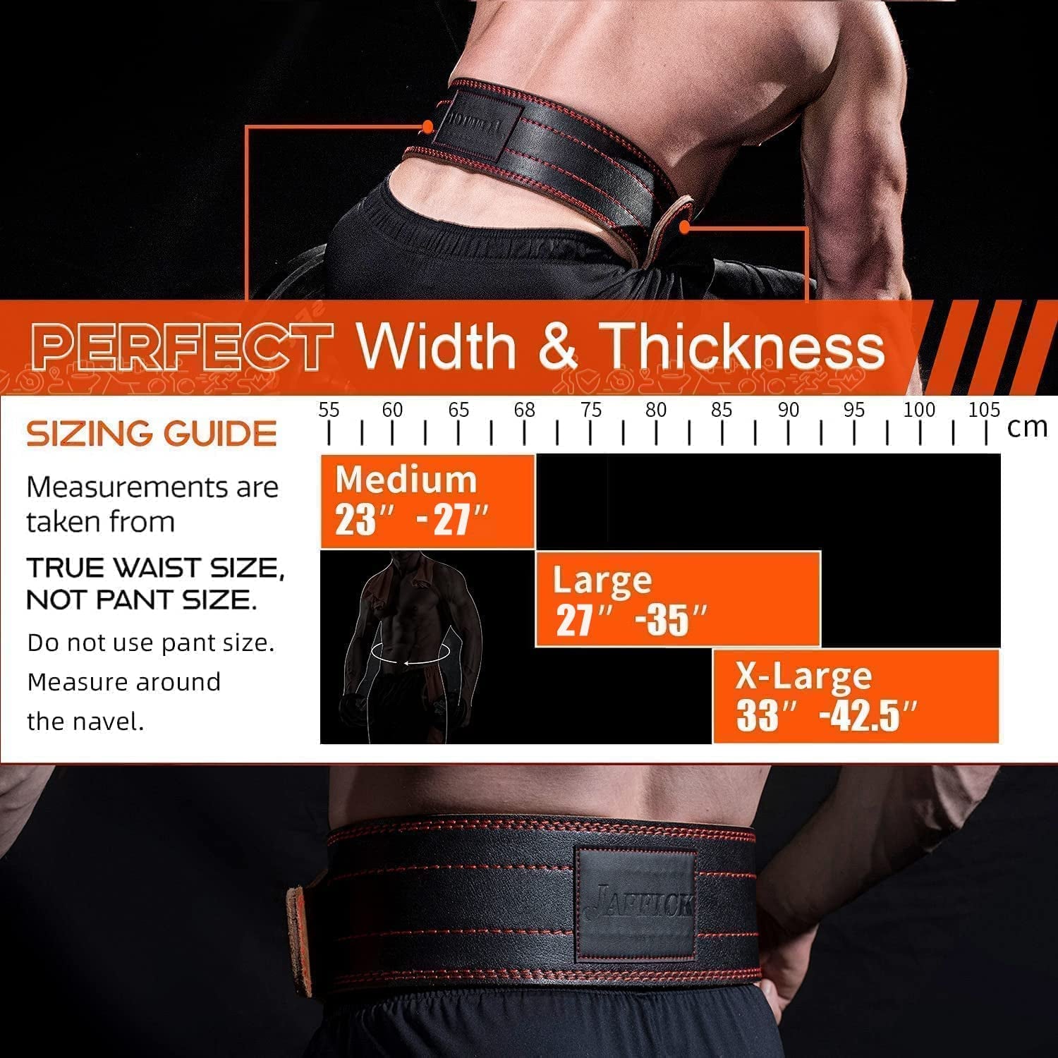 Jaffick Genuine Leather Weight Lifting Belt of 4 Inches Wide Lower Back Support and Injury Prevention for Gym Fitness Workout Cross Training for Men and Women Squat Deadlift up to 800 Lbs