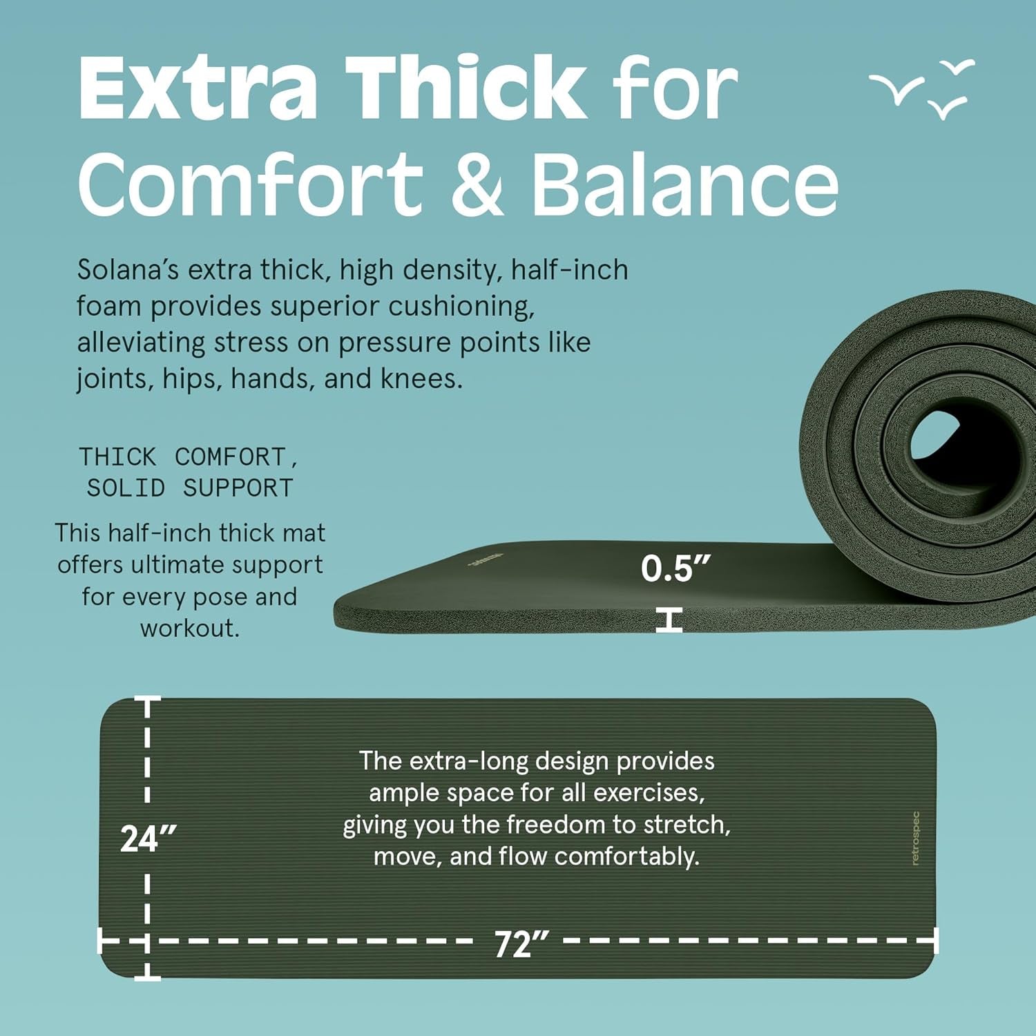 Retrospec Solana Yoga Mat 1/2" Thick W/Nylon Strap for Men & Women - Non Slip Exercise Mat for Yoga, Pilates, Stretching, Floor & Fitness Workouts